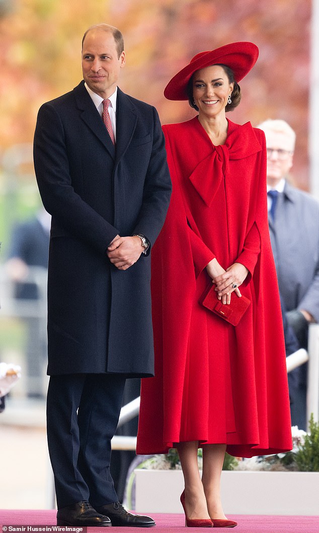 William has been stepping up royal engagements in Kate's absence. Pictured: Prince William and Princess Kate are seen at a  ceremonial welcome for The President and the First Lady of the Republic of Korea at Horse Guards Parade on November 21 last year.