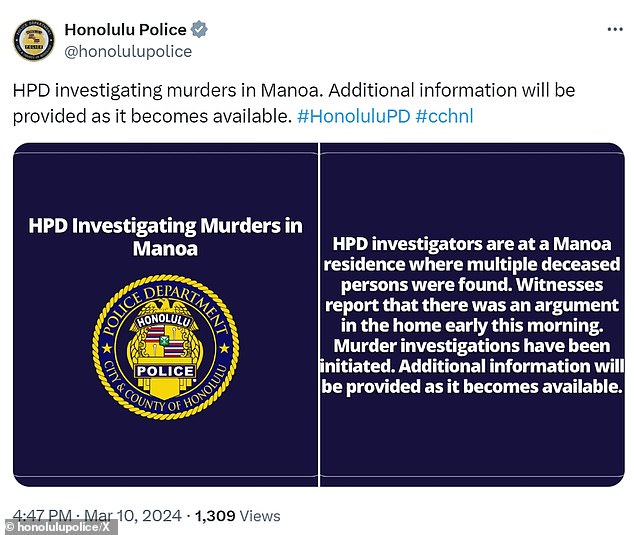 „HPD-Ermittler befinden sich in einem Wohnhaus in Manoa, wo mehrere verstorbene Personen gefunden wurden“, sagte die Polizei in einer Erklärung