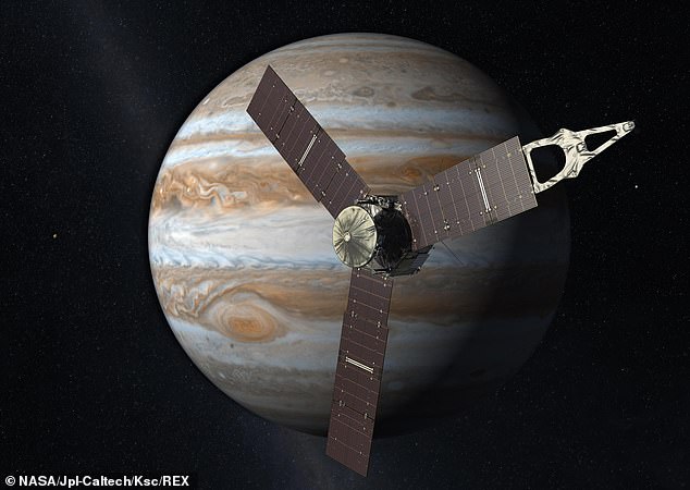 Juno, eine rotierende, solarbetriebene Raumsonde, erreichte Jupiter im Jahr 2016 nach einer fünfjährigen Reise (hier in künstlerischer Darstellung dargestellt).