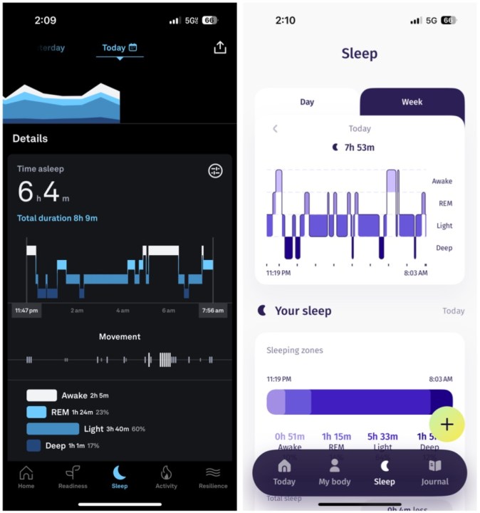 Oura Ring and Movano Evie Ring app sleep chart comparison.