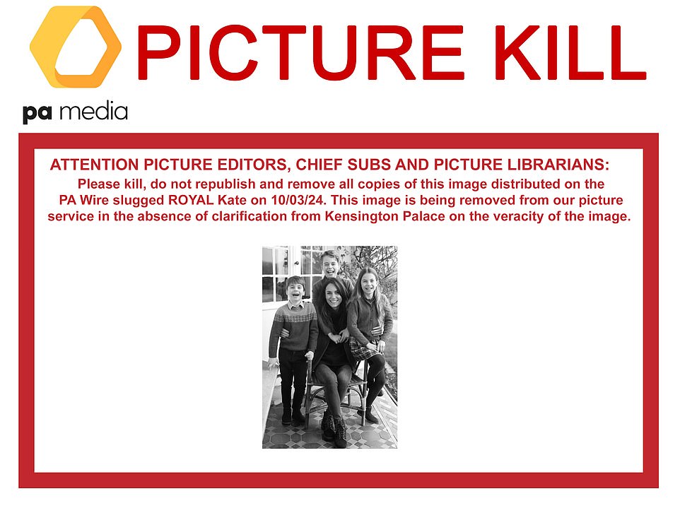 The PA news agency said it had withdrawn the image of Kate from its picture service today