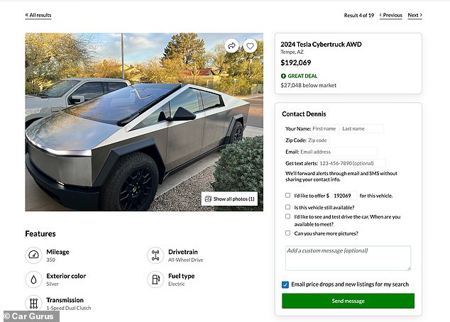 Der Eintrag für Dennis' Cybertruck war am Montag noch auf der Website von Car Gurus verfügbar.  Allerdings hatte er den Preis um 50.000 Dollar gesenkt.