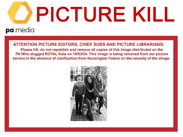 The PA news agency said it had withdrawn the image of Kate from its picture service yesterday