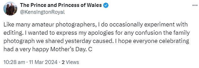 Die Prinzessin von Wales hat zugegeben, dass sie das Muttertagsporträt bearbeitet hat, und sich „für etwaige Verwirrung“ entschuldigt, die dadurch verursacht wurde