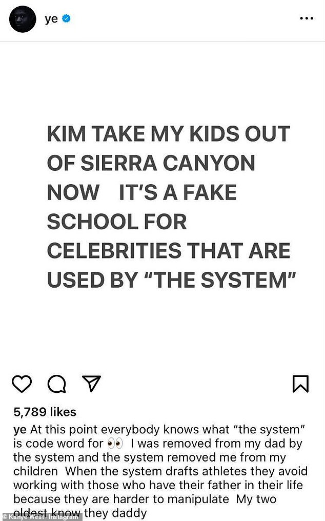 Kanye blasted ex-wife Kim Kardashian, 43, on Instagram over their kids schooling - a move that her family found 'disturbing,' the insider told DailyMail.com