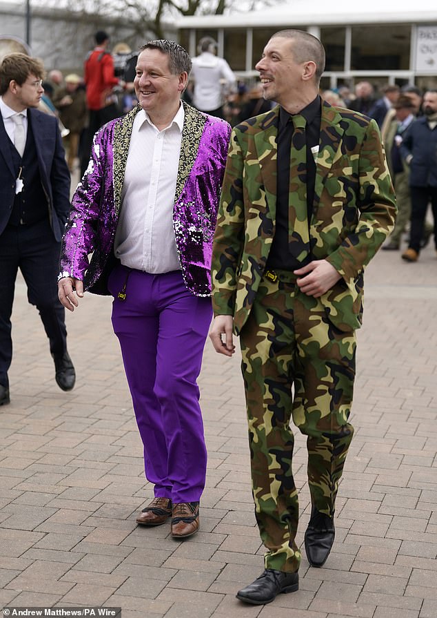 Now you see me! A bright purple suit - and a camo look - were sported by these two men