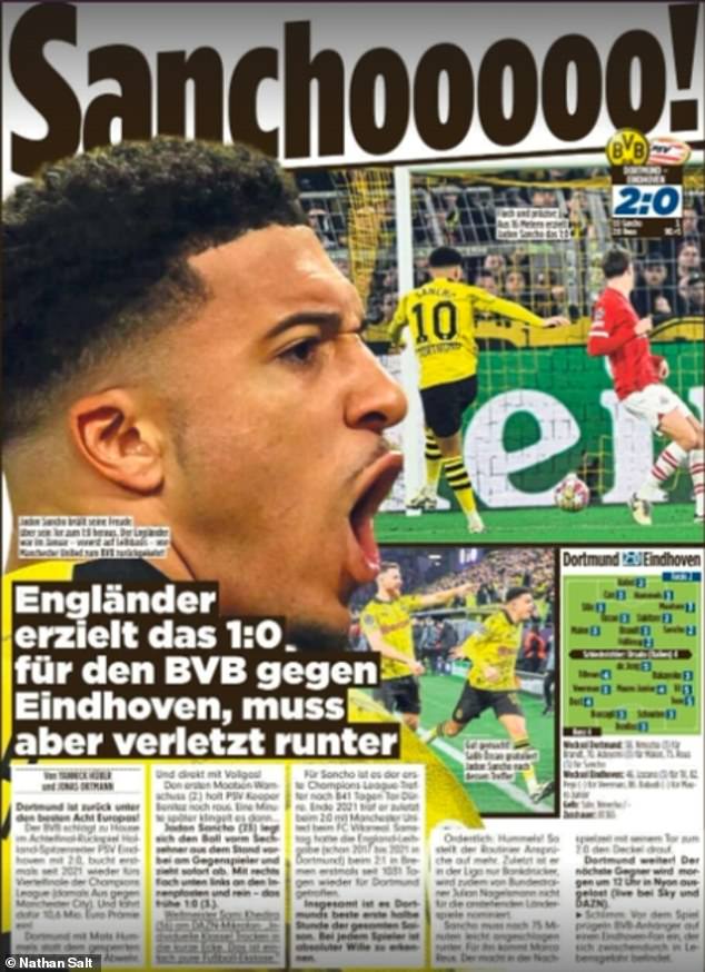 Thursday morning's edition of sports paper Bild celebrates Sancho's return to top form