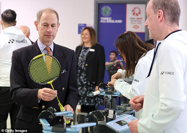 Other royals out today included Prince Edward, at Birmingham's All England Open Badminton Championships. He is pictured holding a racket after it had been on a stringing machine