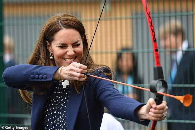 Kate tries archery on a visit to OnSide's Wolverhampton Youth Zone, 'The Way', in May 2021