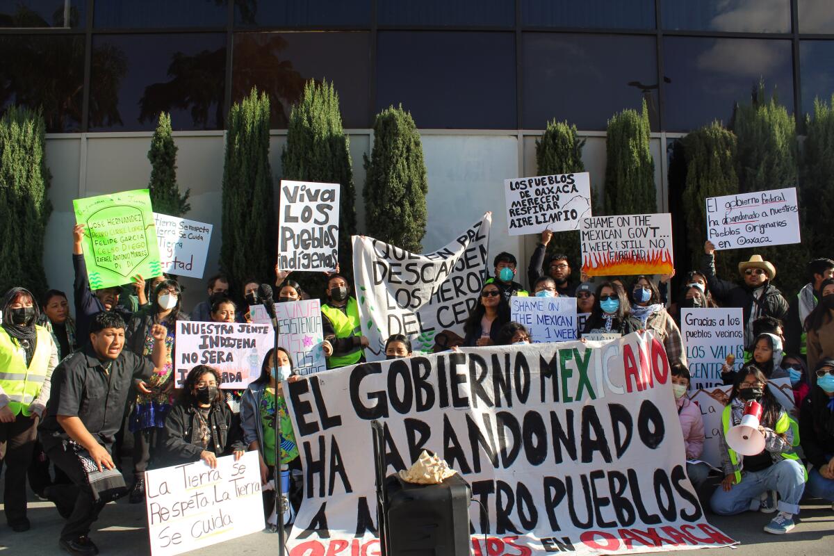 Junge Menschen halten Schilder hoch, um gegen die Reaktion der mexikanischen Regierung auf die Waldbrände zu protestieren