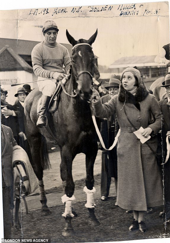 Racehorse GOLDEN MILLER  1935for the fourth year in succession Golden Miller favourite for the Grand National, yesterday won the Cheltenham Gold Cup, The picture shows him with his owner Miss Dorothy Paget(Golden Miller Died Jan 57)