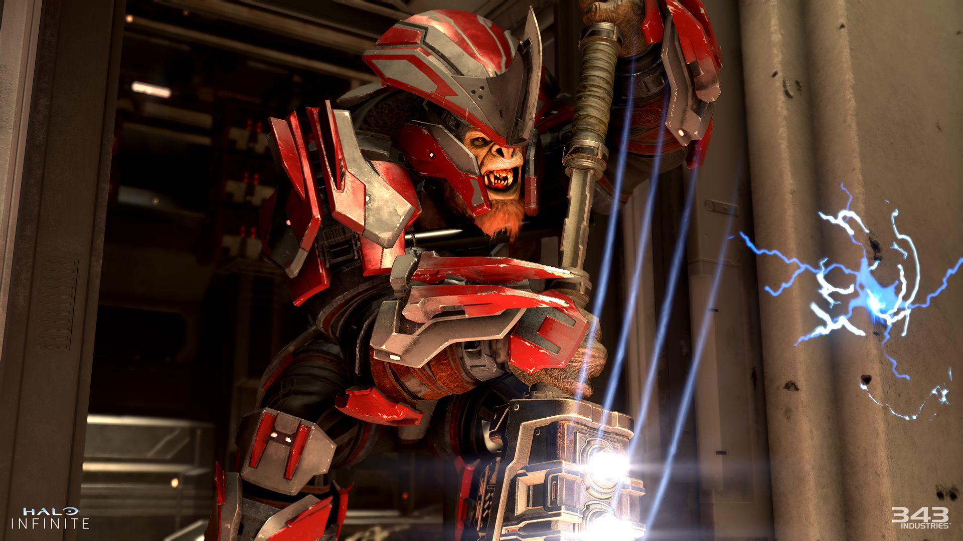 Halo Infinite-Screenshot eines brutalen Häuptlings, der in Firefight einen Schwerkrafthammer schwingt