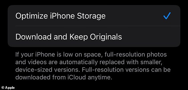 Aktivieren Sie als Nächstes die Option „iPhone-Speicher optimieren“.  Dadurch werden hochauflösende Versionen Ihrer Fotos in iCloud gespeichert und kleinere Versionen auf Ihrem Telefon gespeichert, wodurch Speicherplatz frei wird.