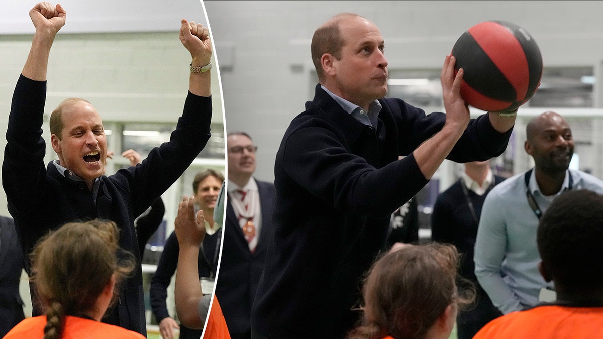 Prinz William hebt seine Arme über seinen Kopf, als er sich mit Kindern trifft. Prinz William schießt einen Basketball