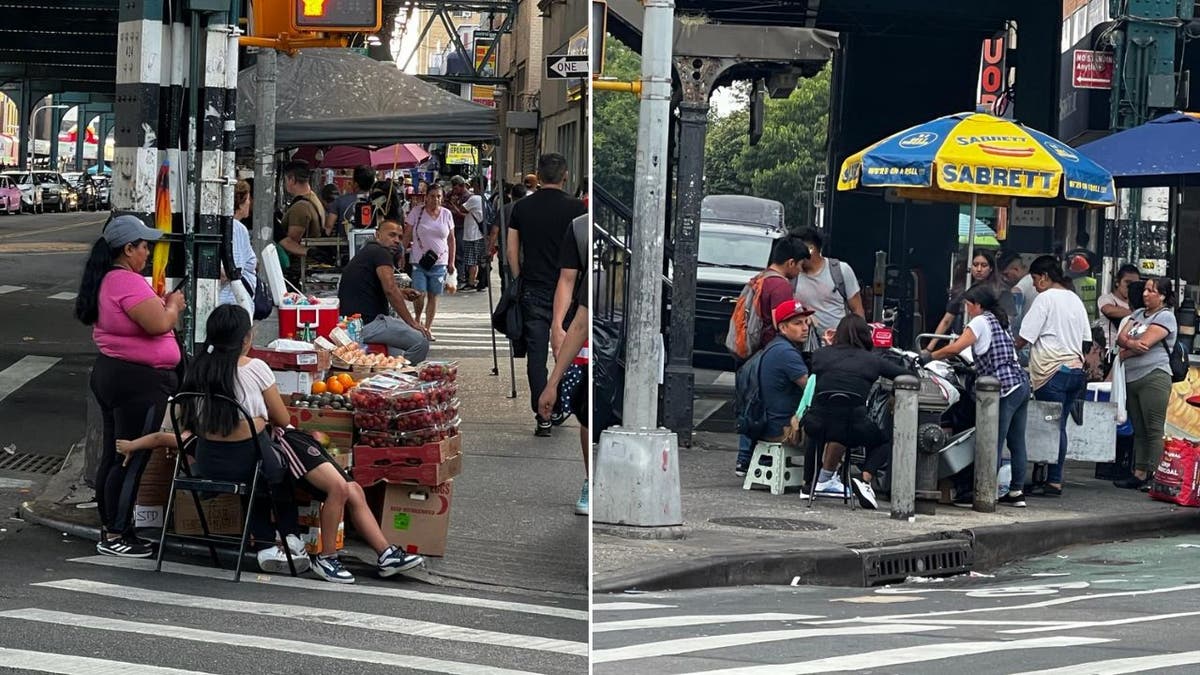 Eine Frau, die Lebensmittel auf einem Zebrastreifen verkauft, links, Menschen sitzen auf einer Straße