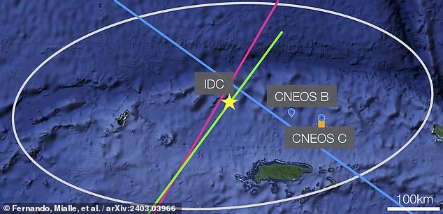 Loebs Team suchte einen Teil des Pazifiks ab, der oben als „senfgelbes“ Quadrat in der Nähe von „CNEOS C“ dargestellt ist, einer von zwei potenziellen Einschlagzonen, die nach Daten des Verteidigungsministeriums geschätzt wurden.  Neue Forschungen mit Infraschall- und Seismometersensoren deuten auf eine andere Absturzstelle hin: „IDC“
