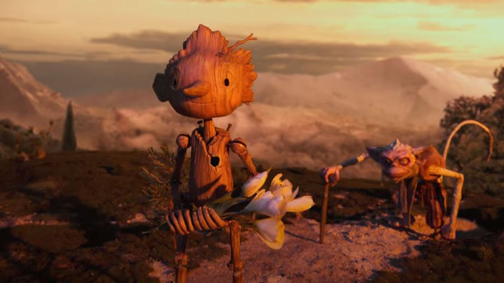 Pinocchio hält Blumen in Guillermo del Toros Pinocchio.
