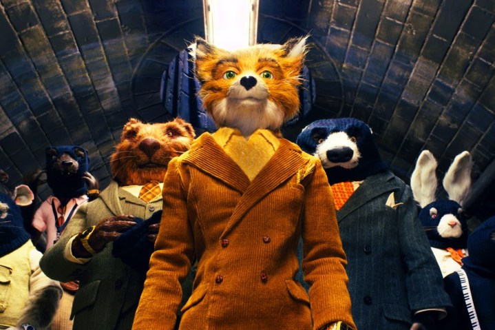 Mr. Fox, Badger und ihre Freunde stehen in Fantastic Mr. Fox alle zusammen in einem Abwasserkanal.