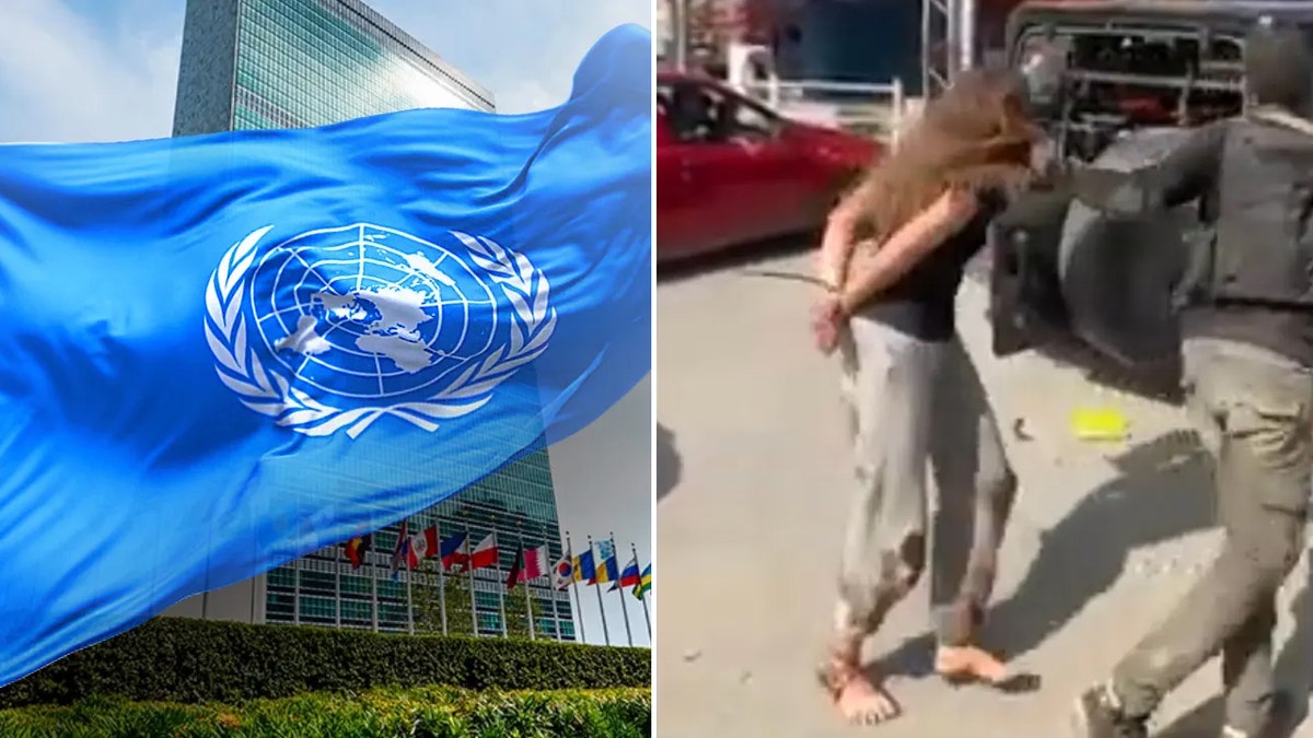 Geteiltes Bild einer UN-Flagge über dem UN-Gebäude, der Rücken einer Frau, die von der Hamas eingenommen wird