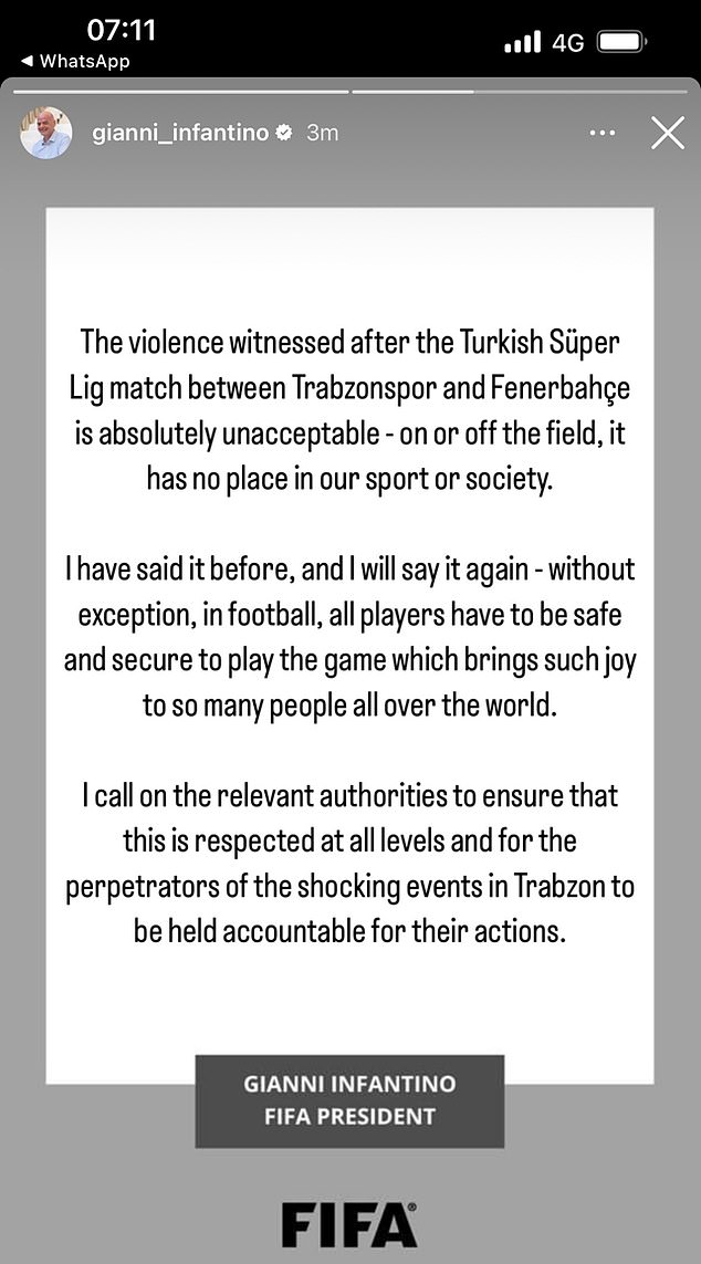 FIFA-Präsident Gianni Infantino verurteilte das Verhalten der Trabzonspor-Fans