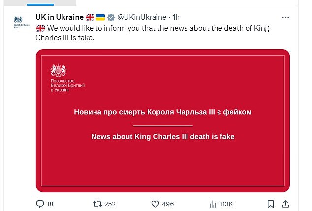 Die britische Botschaft der Ukraine musste heute eine offizielle Erklärung abgeben, in der sie bestätigte, dass König Karl III. noch am Leben ist, nachdem russische Medien behaupteten, er sei gestorben