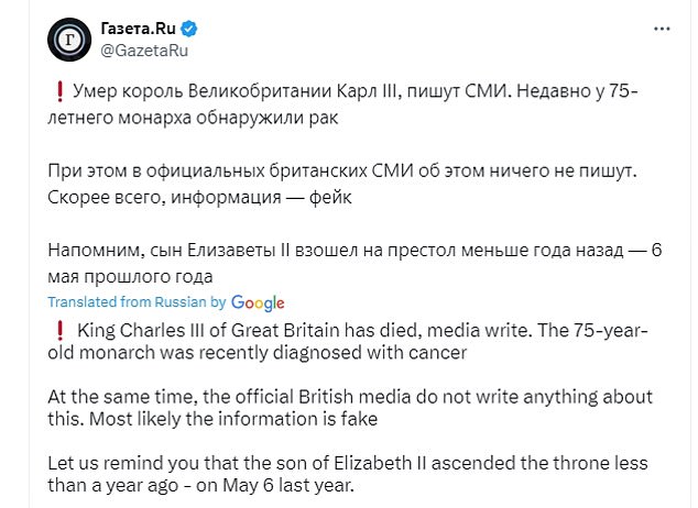Ein Tweet von Gazeta.ru verstärkte die Gerüchte, dass Charles gestorben sei