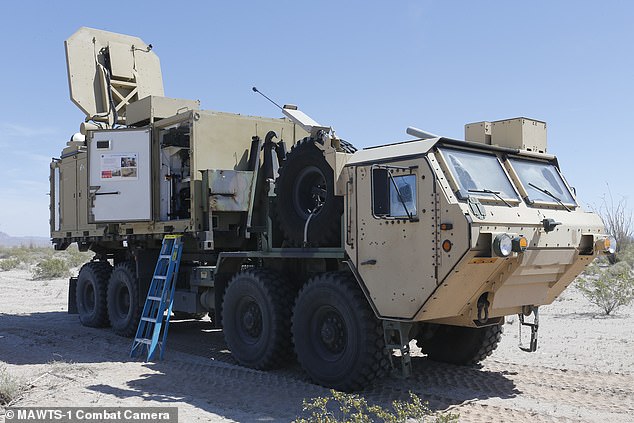 Above, a now public directed-energy weapon, an Active Denial System from the Joint Non-Lethal Weapons Directorate in April 2017. The device was on display before a 'counter-personnel' demo during Weapons and Tactics Instructor course (WTI) 2-17 at Site 50 in Arizona