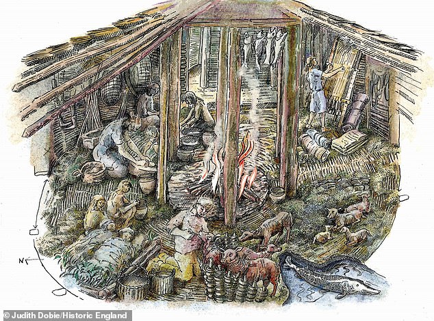 Illustration des „gemütlichen“ häuslichen Lebens in einem der Rundhäuser auf der Must Farm vor fast 3.000 Jahren