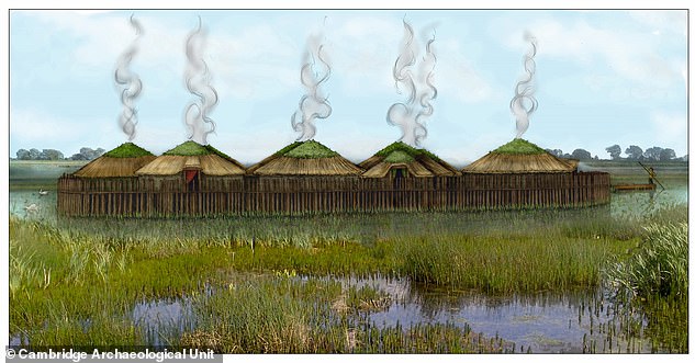 Eine illustrierte Rekonstruktion der bronzezeitlichen Stelzensiedlung in ihrer Blütezeit.  Es dürfte noch nicht einmal ein Jahr alt gewesen sein, als es durch einen verheerenden Brand zerstört wurde