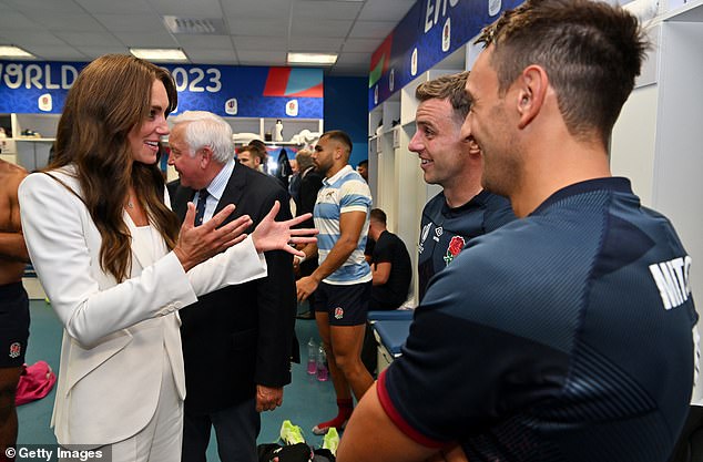 Kate has been patron of the Rugby Football League and the Rugby Football Union since 2022, and often cheers on the England team. She is pictured in September meeting players George Ford and Alex Mitchell in the dressing room after a match between England and Argentina in Marseilles, France