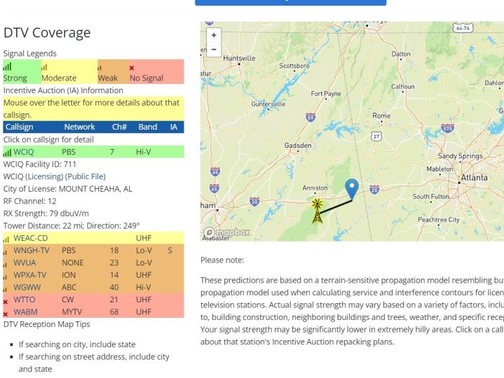 An example of the FCC map website being used to determine antenna reception in rural areas.