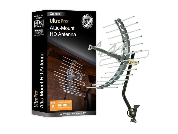 The GE Outdoor / Attic Digital TV Antenna, displayed next to its box.