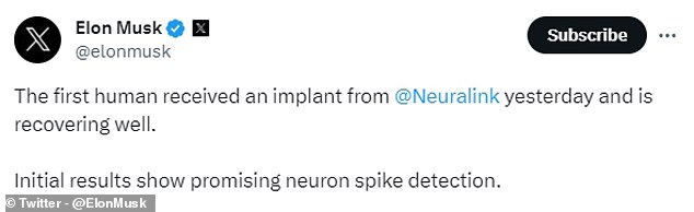 Auf X gab Musk bekannt, dass sich der erste Neuralink-Patient gut erhole und erste Tests vielversprechend seien