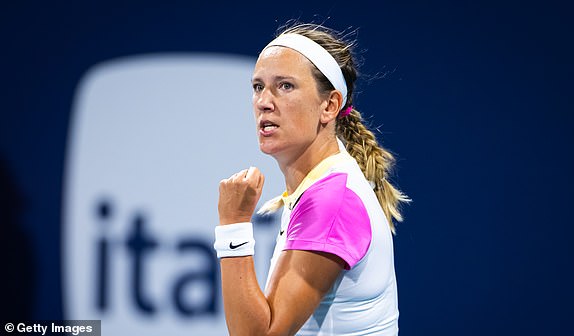 MIAMI GARDENS, FLORIDA - MARCH 21: Victoria Azarenka in action against Peyton Stearns of the United States in the second round on Day 6 of the Miami Open Presented by Itau at Hard Rock Stadium on March 21, 2024 in Miami Gardens, Florida (Photo by Robert Prange/Getty Images)