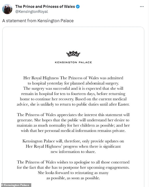 Der Kensington Palace gab im Januar bekannt, dass sich die Prinzessin von Wales einer Bauchoperation unterzogen habe
