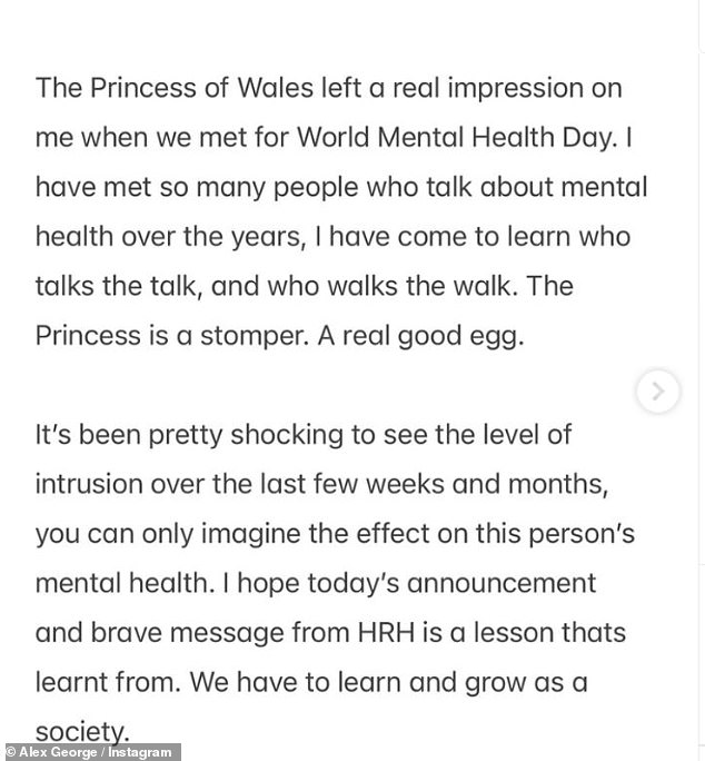 Alex verwies auf die Spekulationen in den sozialen Medien über Kates Gesundheitszustand in den letzten Wochen und sagte, er hoffe, dass die Aussage der Prinzessin der Gesellschaft helfen würde, „zu lernen und zu wachsen“.