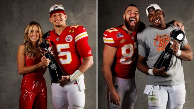 Spieler der Kansas City Chiefs küssen die Vince Lombardi-Trophäe in den Siegerporträts des Super Bowl LVIII