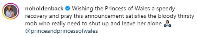 Amanda posted on Instagram: 'Wishing the Princess of Wales a speedy recovery and pray this announcement satisfies the bloody thirsty mob who really need to shut up and leave her alone'