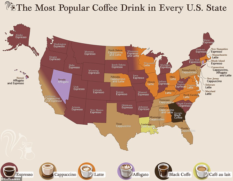 Eine separate Karte für die USA zeigt das beliebteste Getränk in jedem Bundesstaat, wobei Espresso insgesamt die Nummer 1 ist
