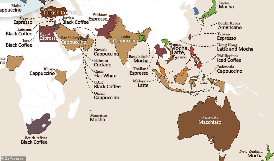 Mokka ist die fünftbeliebteste Kaffeesorte und wird in sechs Ländern, darunter Neuseeland, bevorzugt.  Macchiato liegt an sechster Stelle und ist in vier Ländern, darunter Großbritannien und Australien, die erste Wahl
