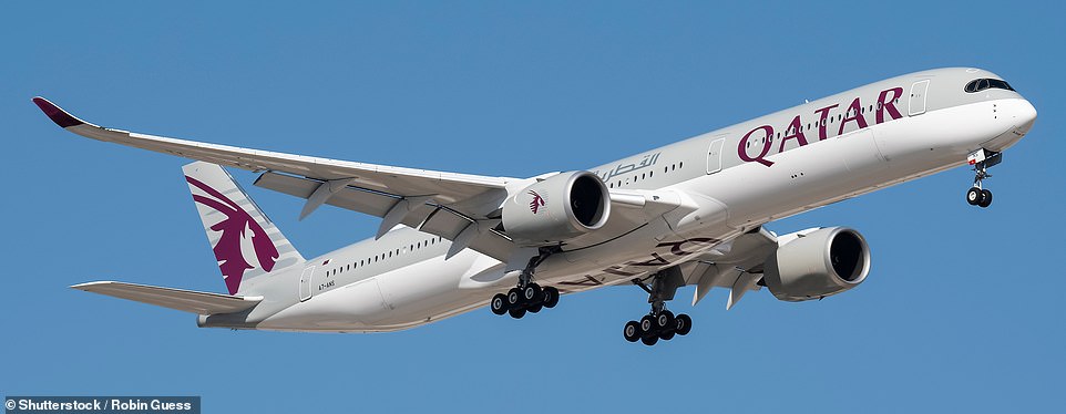 Oben ist ein Airbus A350-1000 von Qatar Airways zu sehen, das Modell, mit dem Harriet geflogen ist