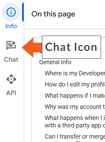 Chat-Symbol im Seitenbereich zum Aktivieren eines Chats auf einer der Entwicklerseiten von Google