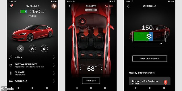 Die Tesla-App zeigt den Ladestatus und die Klimasteuerung an – einschließlich der Sitze, die die Heiz- und Kühlfunktionen nutzen