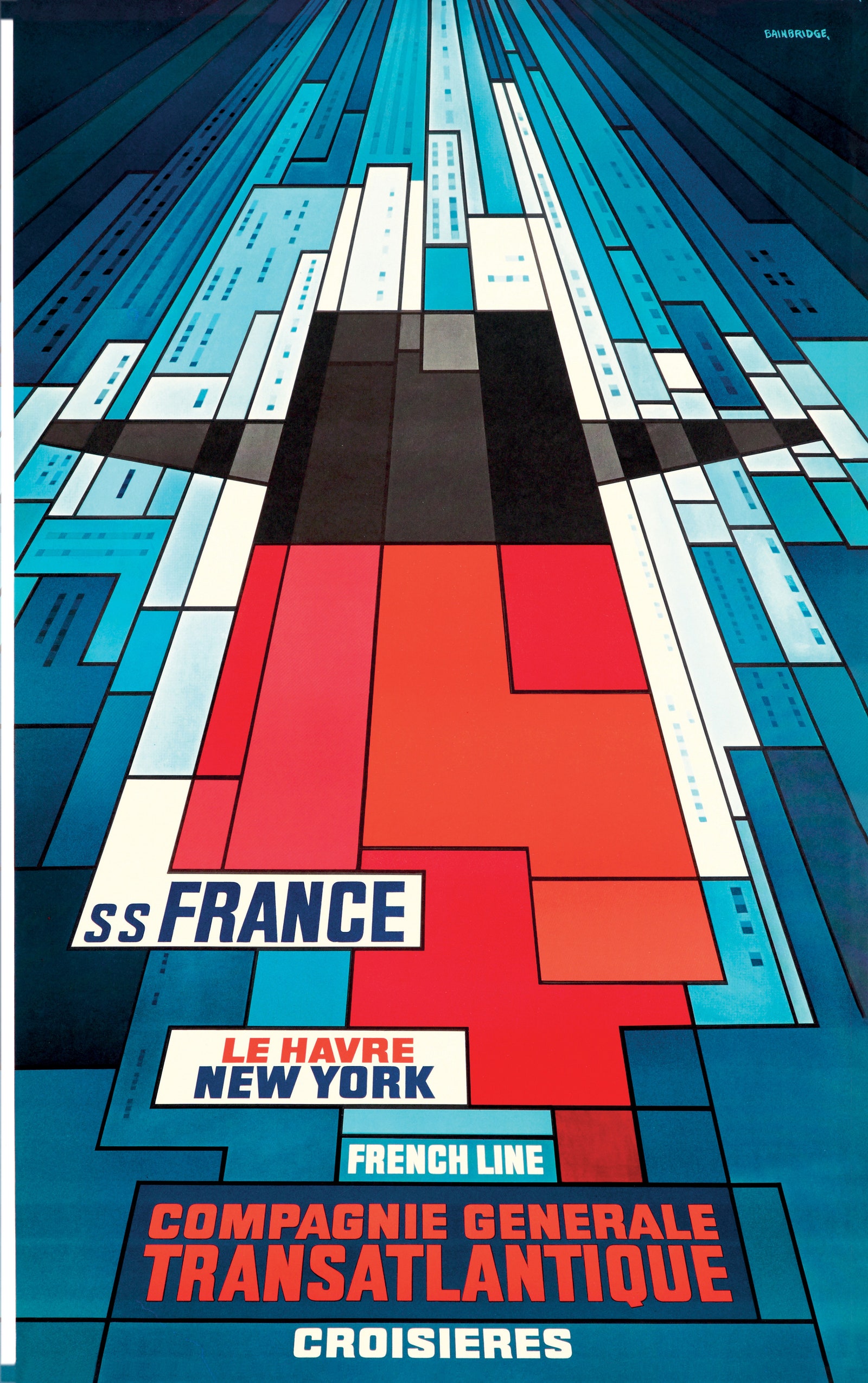 Ein farbenfrohes abstraktes Poster für ein Schiff, das von New York nach Frankreich fährt.