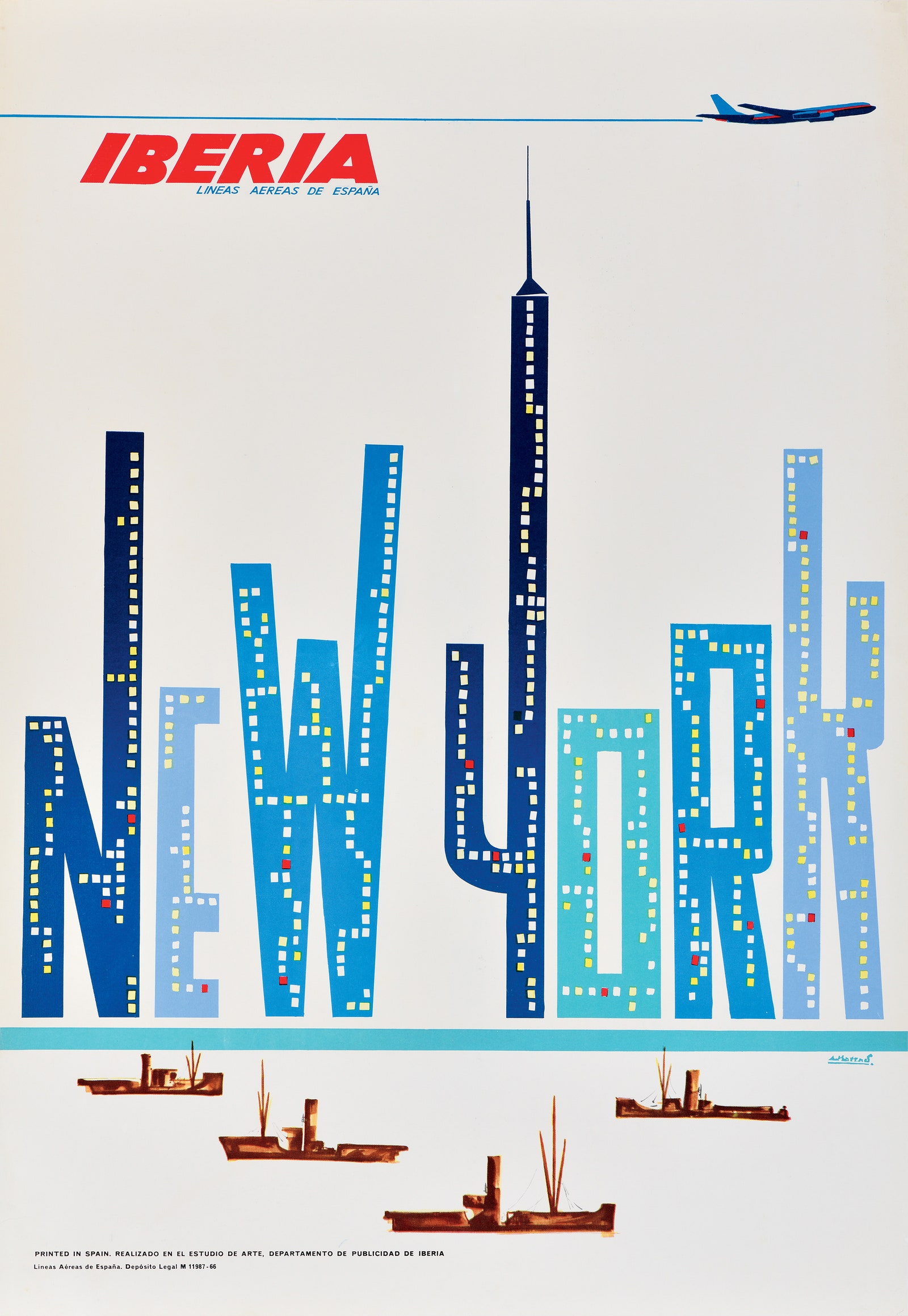 Ein Reiseplakat, auf dem die Wörter New York durch Gebäude in einer Skyline geschrieben zu sehen sind.