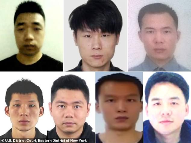 Oben Fotos aus der Anklageschrift des DOJ: (Oben von links nach rechts): Ni Gaobin, Weng Ming, Cheng Feng, (unten von links nach rechts) Peng Yaowen, Sun Xiaohui, Xiong Wang und Zhao Guangzong