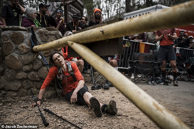 Jasmin Paris (pictured at the finish line) completed the Barkley Marathons in Tennessee with just one minute 39 seconds to spare of the 60-hour cut off