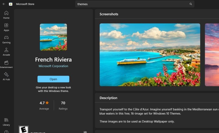 Screenshot, der das Thema „Französische Riviera“ im Microsoft Store zeigt.