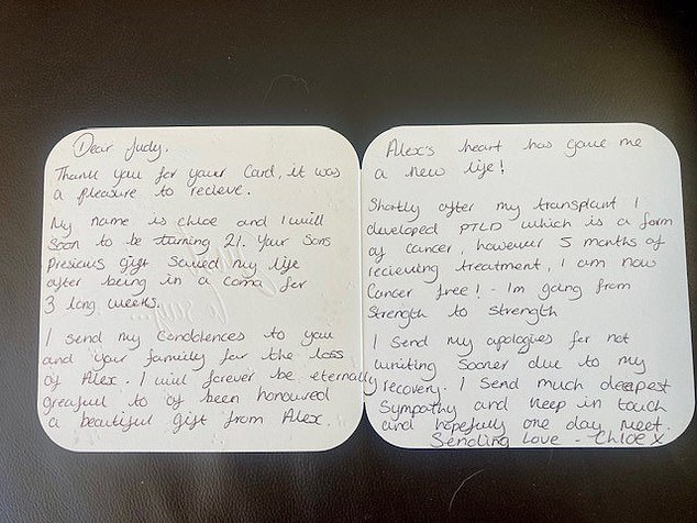 Chloe wrote Judy a card 14 months after her operation to express her gratitude at her second chance at life