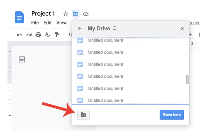 Die Schaltfläche „Neuen Ordner erstellen“ in einem Google Docs-Dokument.